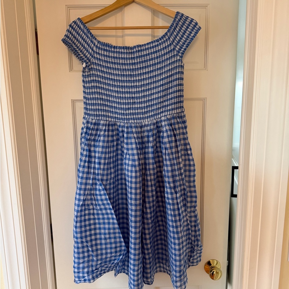 J. Crew Blue and White Off the Shoulders Checkered Dress
